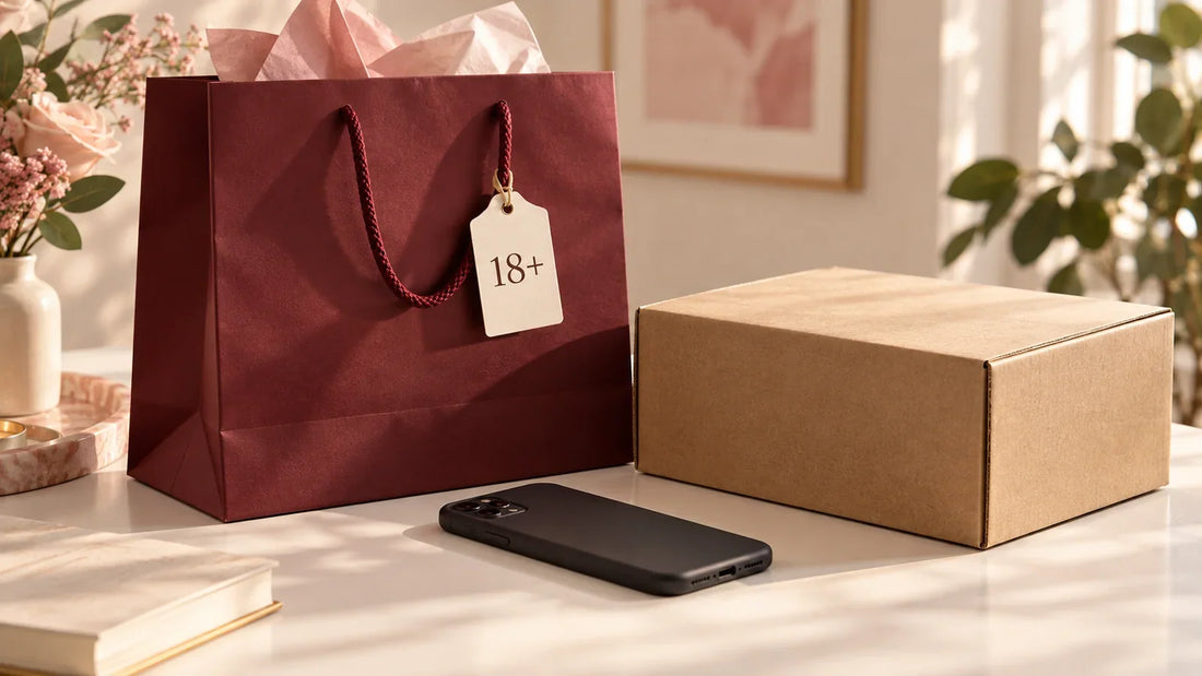 Adult-shopping concept with an 18-plus tag, shopping bag, phone and plain parcel