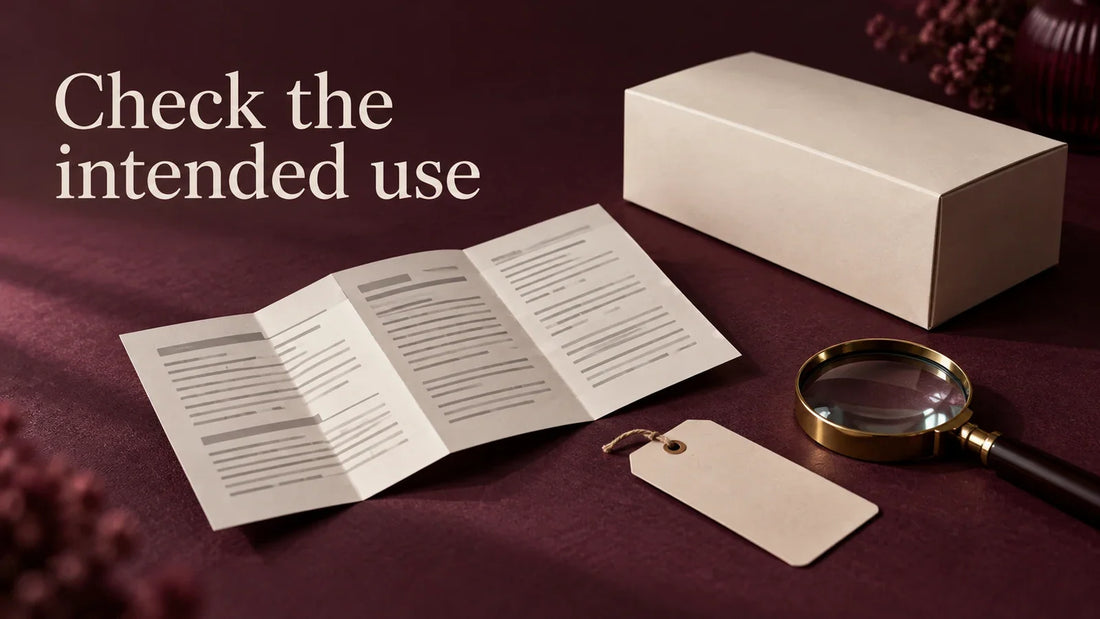 An unbranded box, instruction leaflet and blank model tag beside the words Check the intended use.