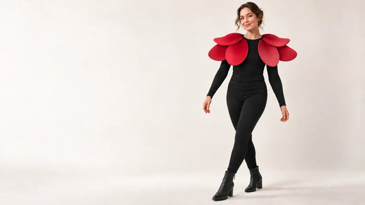 Adult wearing a short red foam-petal shoulder collar over black clothing