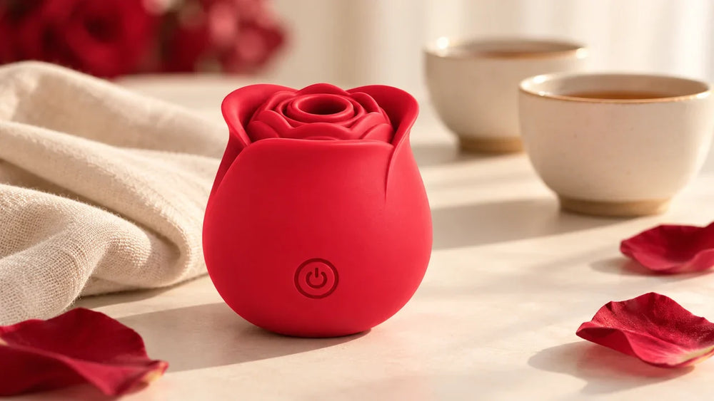 Red Roselle Classic rose toy on a linen-covered table beside two cups