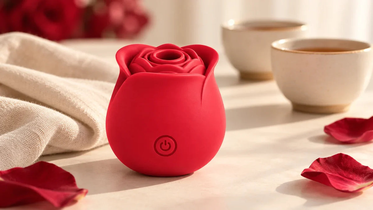 Red Roselle Classic rose toy on a linen-covered table beside two cups