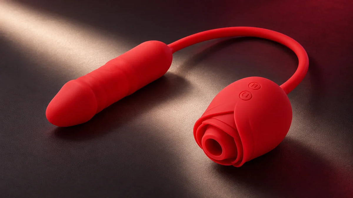 Red Roselle Duo with its rose-shaped head and rounded shaft joined by a flexible loop, with two controls visible on the rose body.