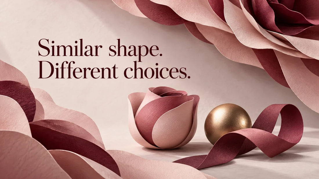 Blush and burgundy paper roses, a brass sphere and a folded ribbon beside the words Similar shape. Different choices.