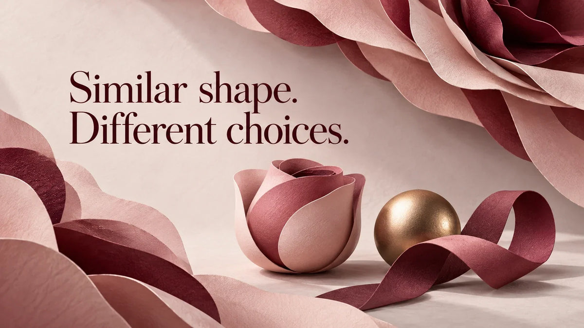 Blush and burgundy paper roses, a brass sphere and a folded ribbon beside the words Similar shape. Different choices.