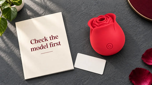 An intact red rose toy beside a booklet reading Check the model first.