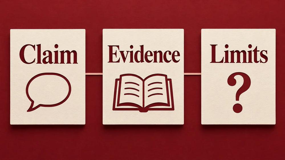 Three cards separating a health claim, supporting evidence and the limits of that evidence.