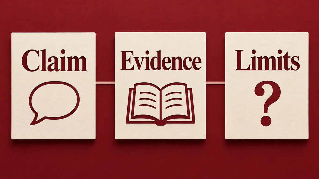 Three cards separating a health claim, supporting evidence and the limits of that evidence.
