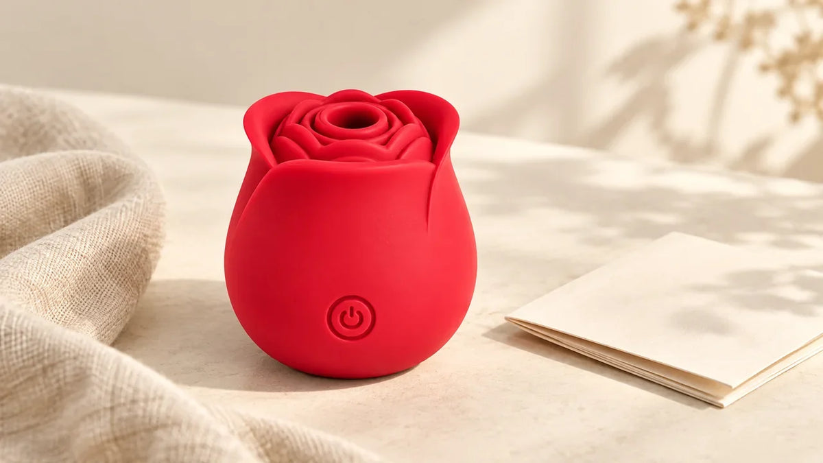 Red Roselle Classic on an ivory table beside a folded leaflet