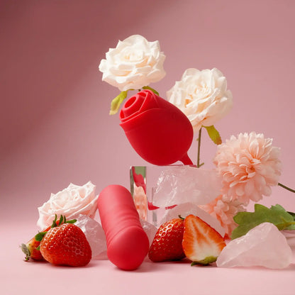 Rosemary female sex toy surrounded by romantic pink roses